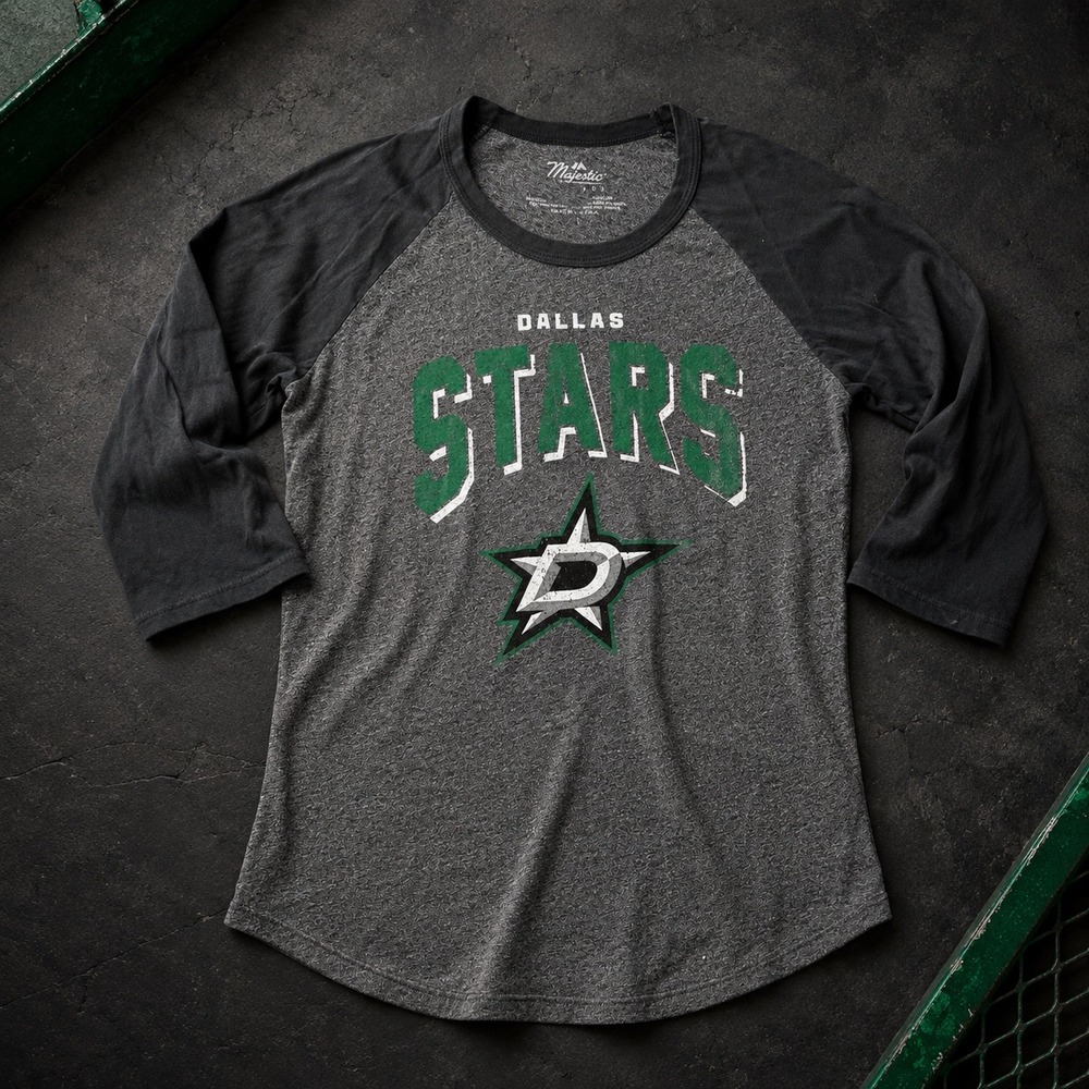 Dallas Stars Majestic NHL Raglan Baseball Tee Distressed Hockey Women's L